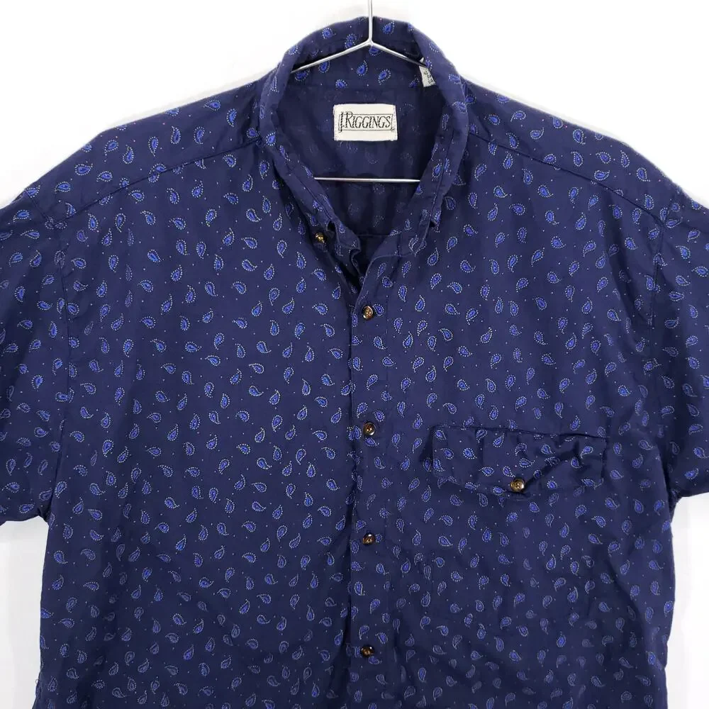 Vintage J Riggings Shirt Mens Large Navy Blue Paisley Short Sleeve‎ Button Down